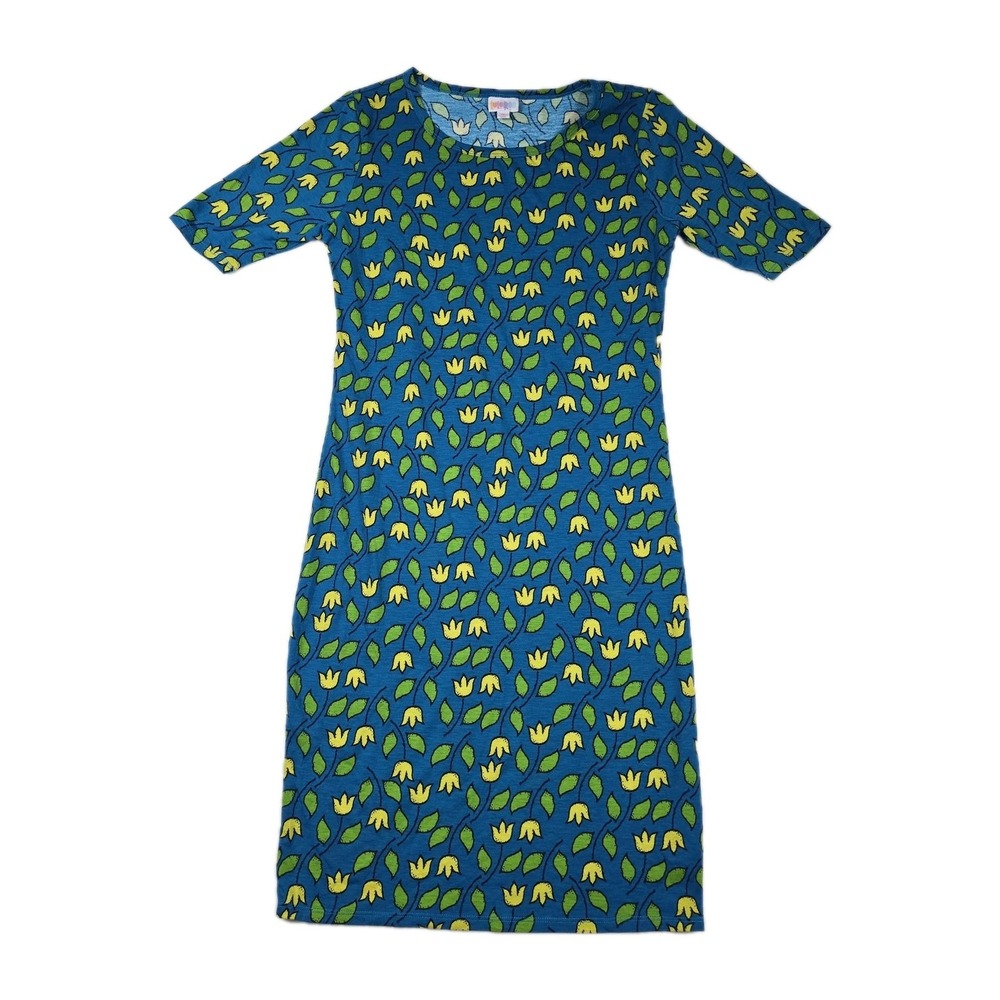 LuLaRoe Julia Fitted Dress Floral Blue Yellow Tulips Women's Size‎ Medium
